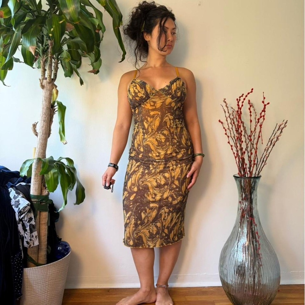 Urban Outfitters Brown Yellow Floral Midi Dress Y2K Fairy Bodycon Ruched Bust M